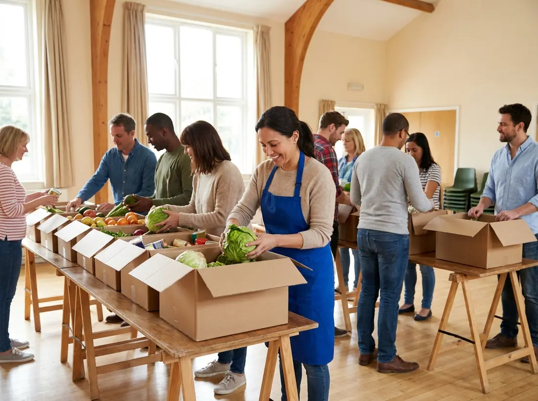 Families organizing food baskets