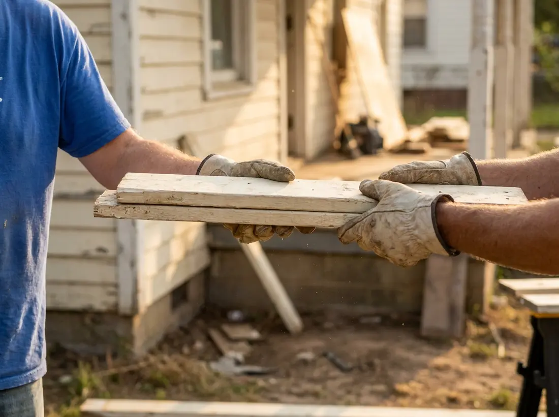 Neighbors repairing the front of a house